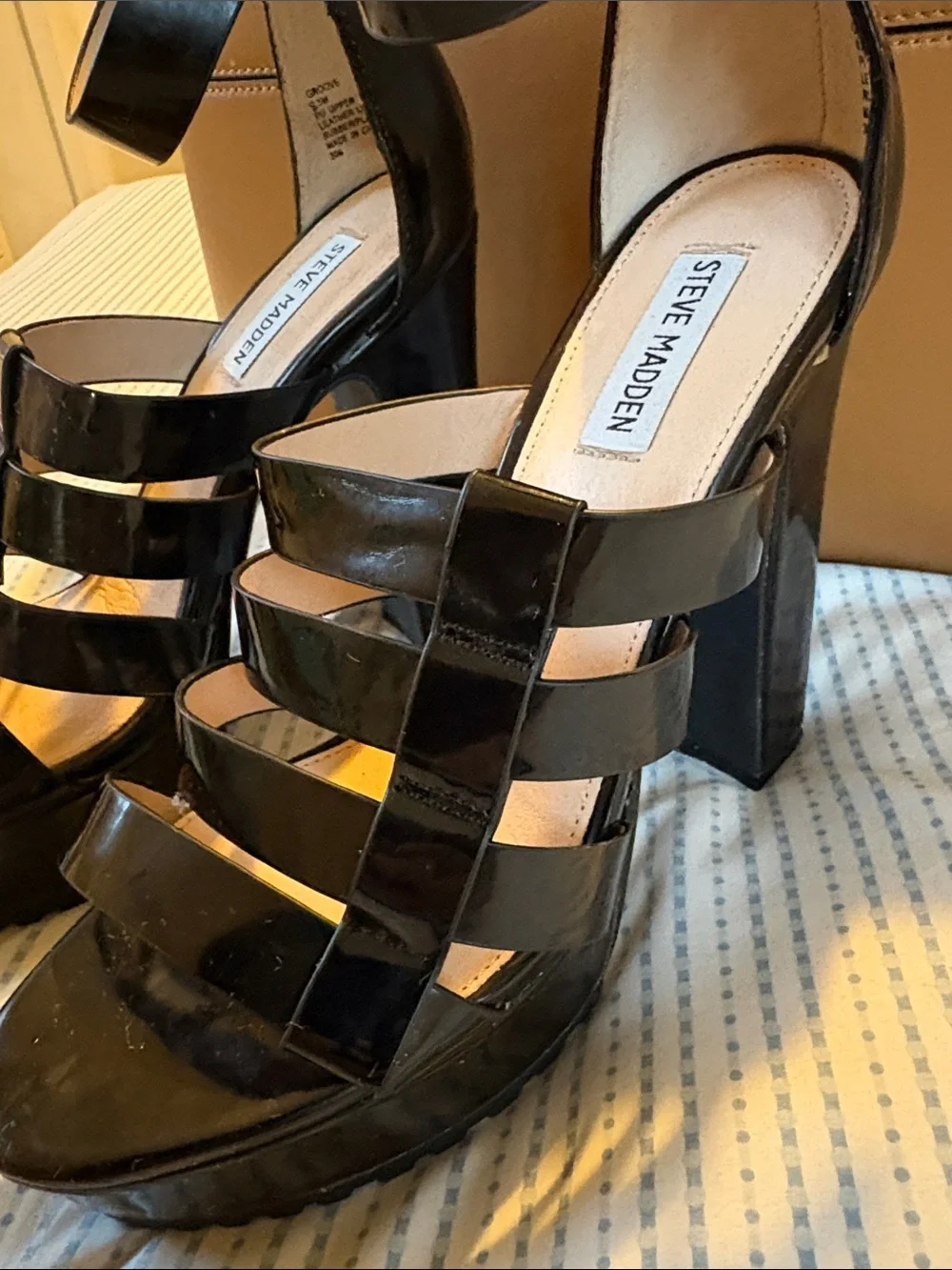STEVEN Madden Black Patent Multi-Strap Platform Heels, size 8.5.
